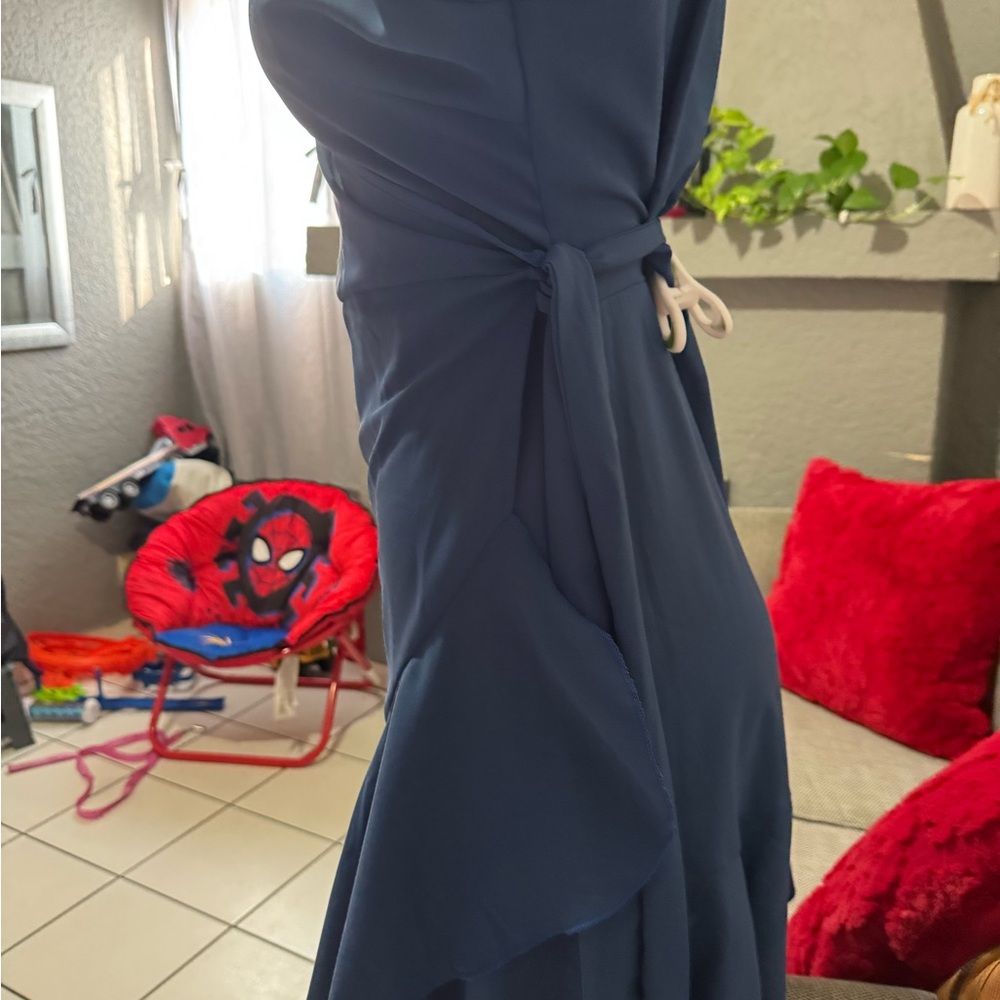 Blue Long-Sleeve Wrap Ruffle Dress - Picture 5 of 7